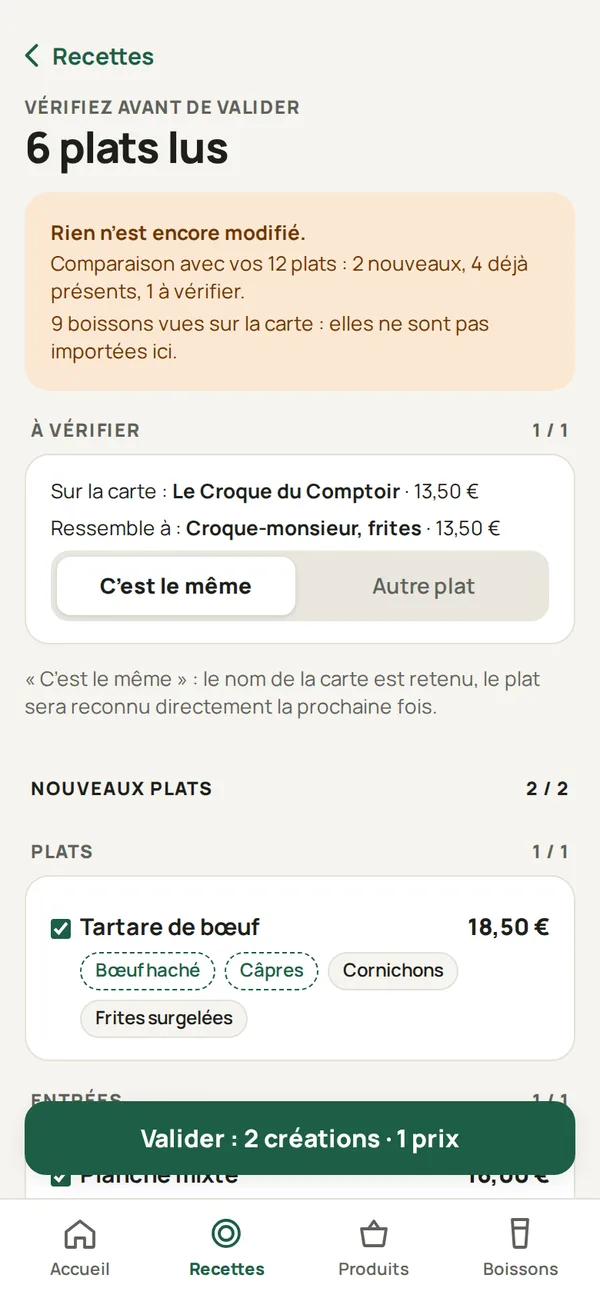Scan d’une carte : plats à vérifier, nouveaux plats avec leurs ingrédients et prix changés