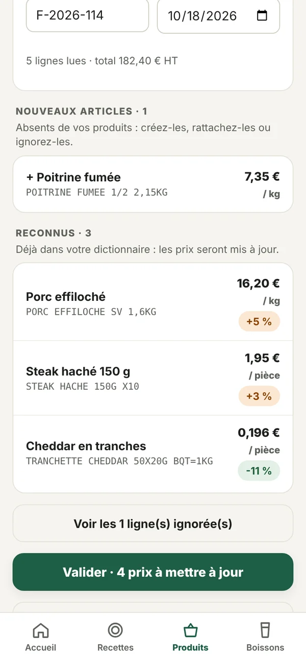 Import d’une facture : lignes reconnues et prix mis à jour